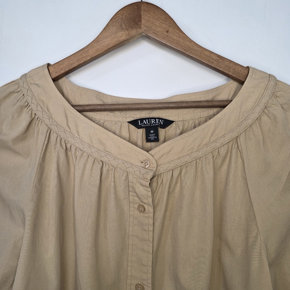 Lauren Ralph Lauren Cotton Broadcloth Puff-Sleeve Shirt – Size M - Tan - Picture 2 of 5